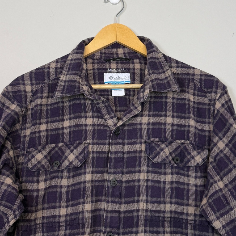 Columbia Omni-Wick Plaid Flannel Button Down Shirt Mens L Purple Tan - Picture 2 of 8